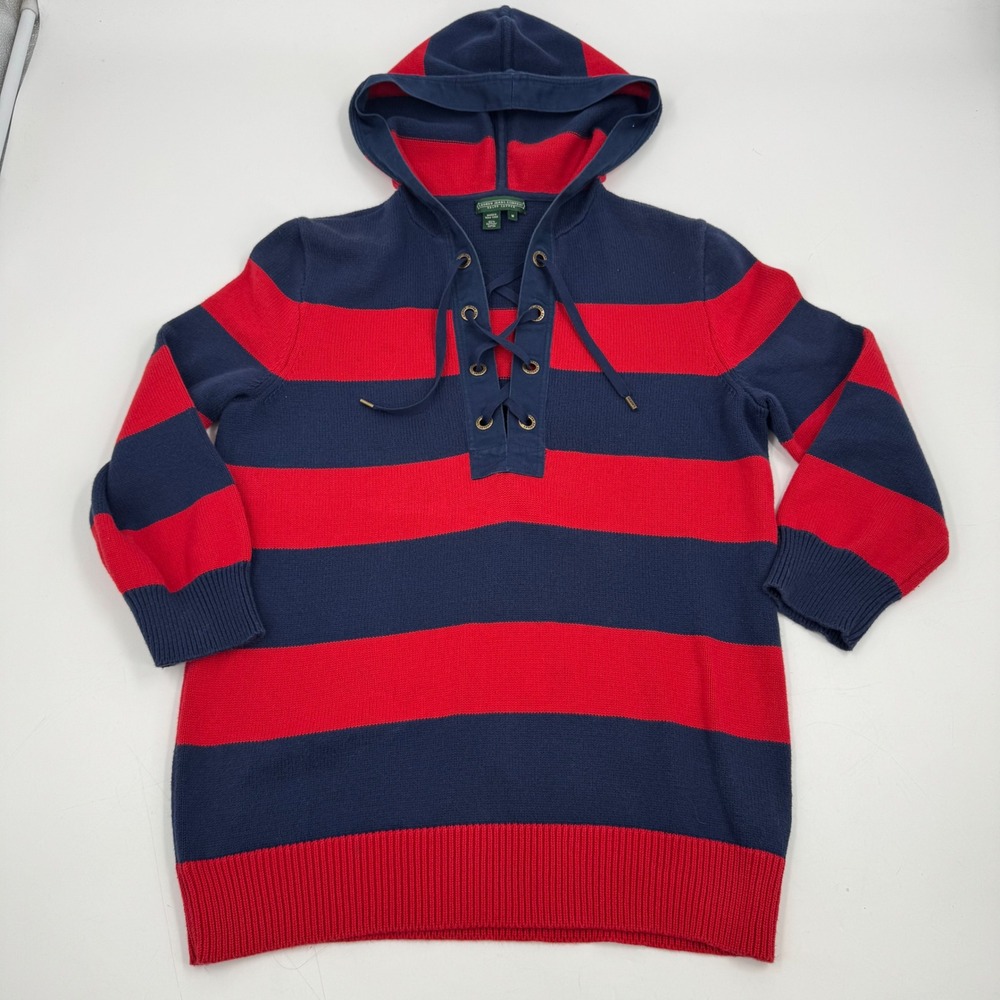 Lauren Jeans Company Ralph Lauren Women's Striped Hooded Sweater Lace Up‎ Size M
